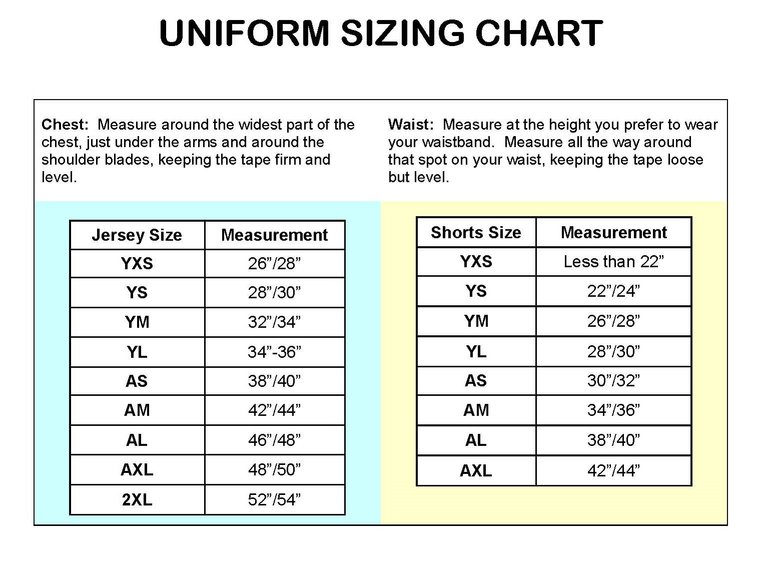 Travel Soccer Uniform Size Chart